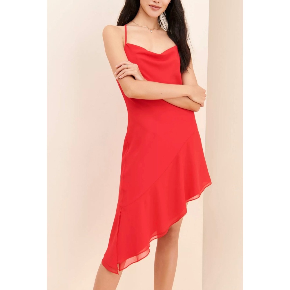 AU x Nuuly Red Cowl Neck Asymmetrical Ruffle Midi Dress Large Cocktail Party
